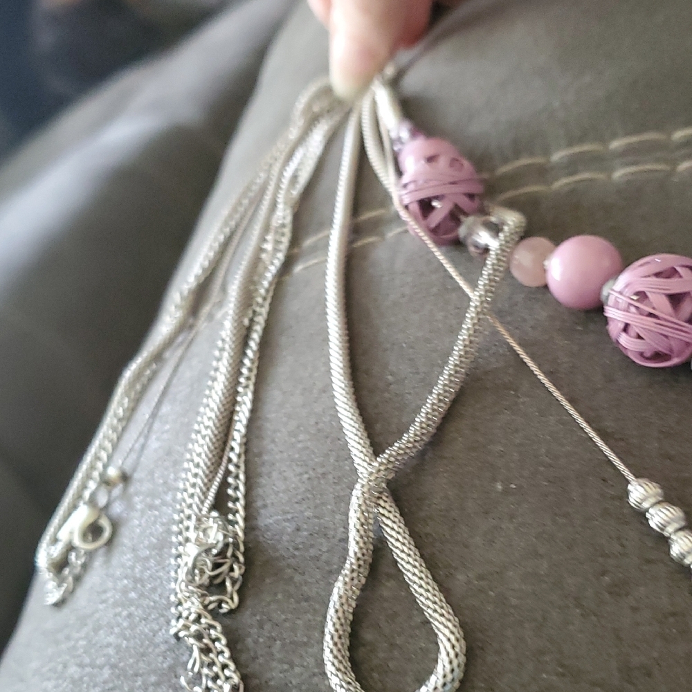 Pink Beaded Layered Necklace Silver Tone Multi Strand Statement Necklace - Picture 6 of 8
